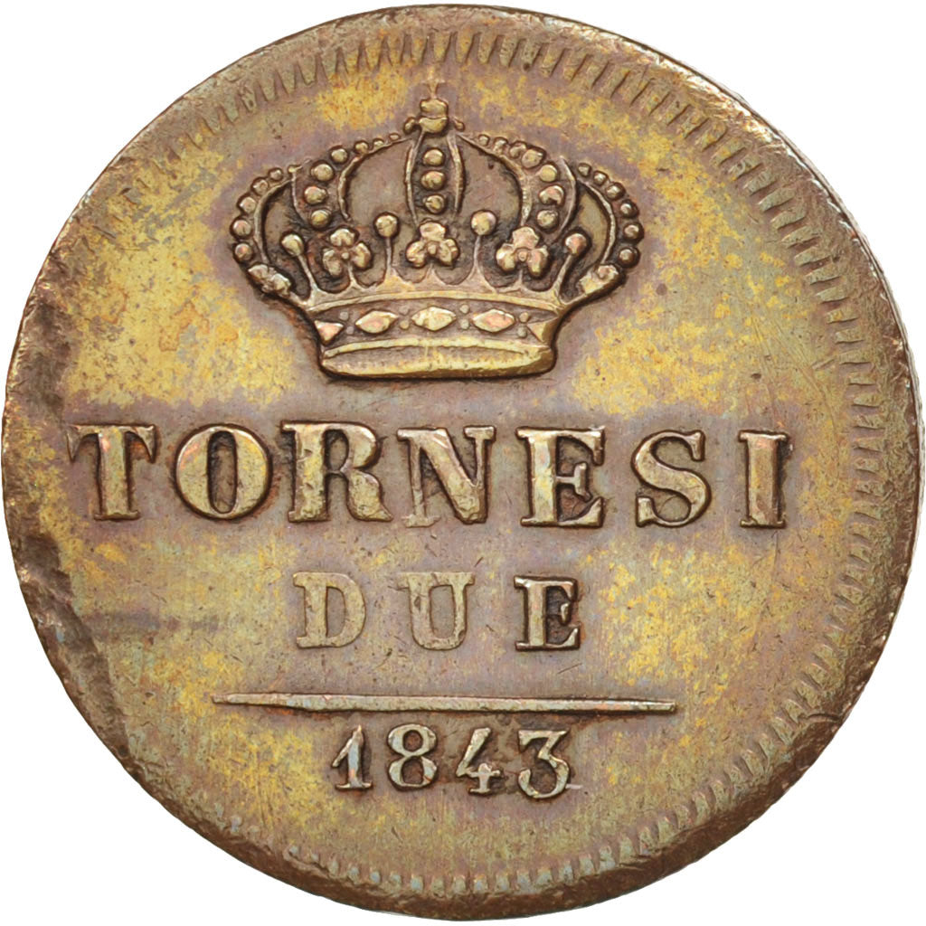 Moneta, STATI ITALIANI, NAPLES, Ferdinando II, 2 Tornesi, 1843, BB+, Rame