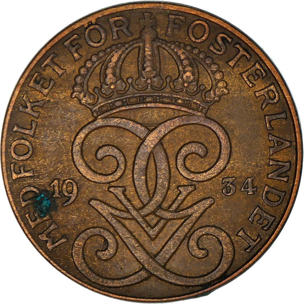 Coin, Sweden, Gustaf V, 2 Öre, 1934, EF(40-45), Bronze, KM:778