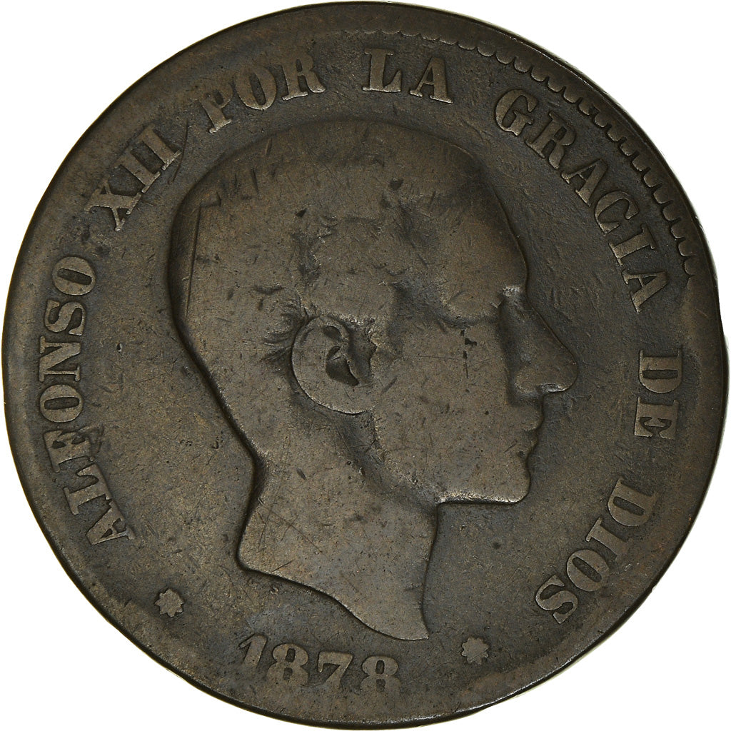 Moneta, Spagna, Alfonso XII, 10 Centimos, 1878, Madrid, MB, Bronzo, KM:675