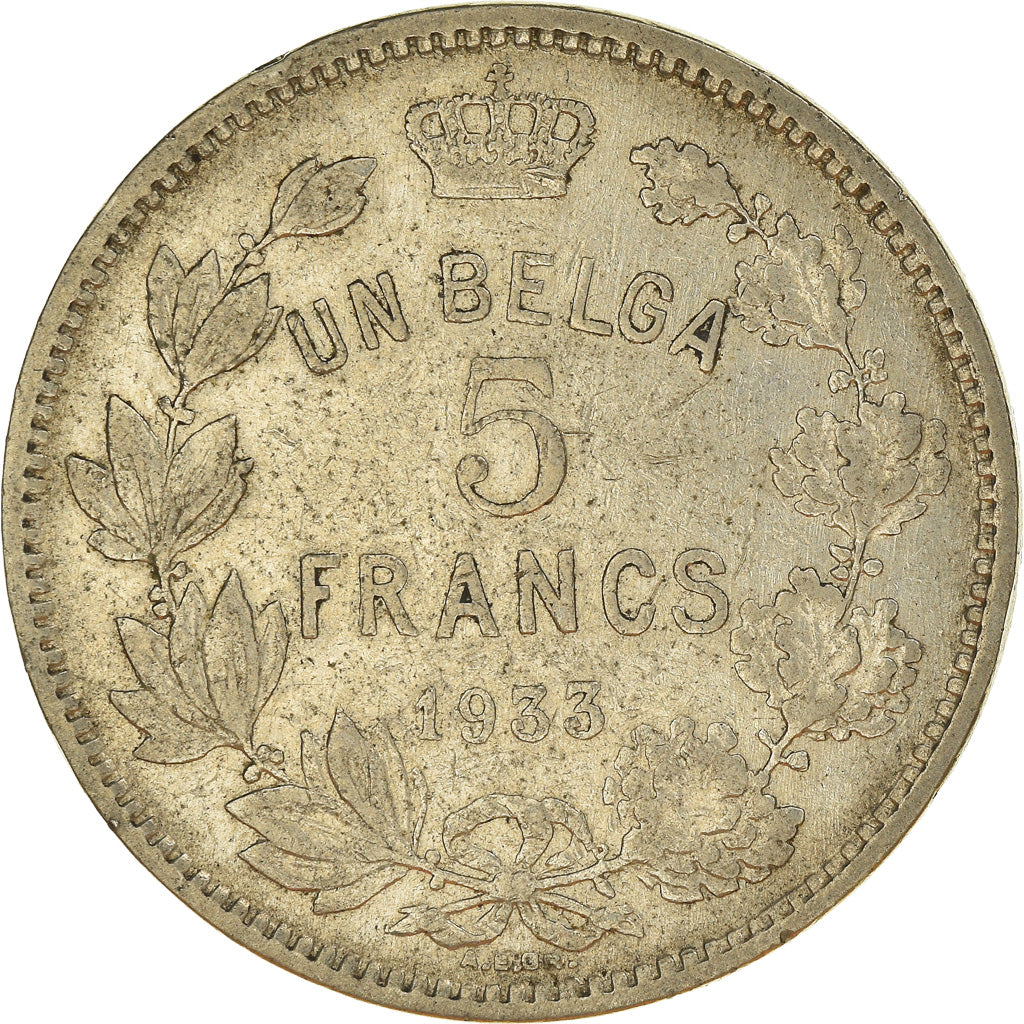 Moeda, Bélgica, 5 Francs, 5 Frank, 1933, VF(30-35), Níquel, KM:97.1