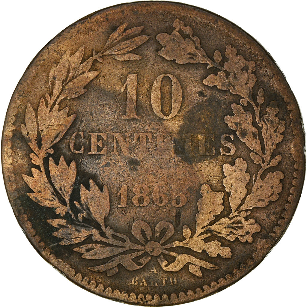 Munten, Luxemburg, William III, 10 Centimes, 1865, Paris, FR+, Bronzen, KM:23.2