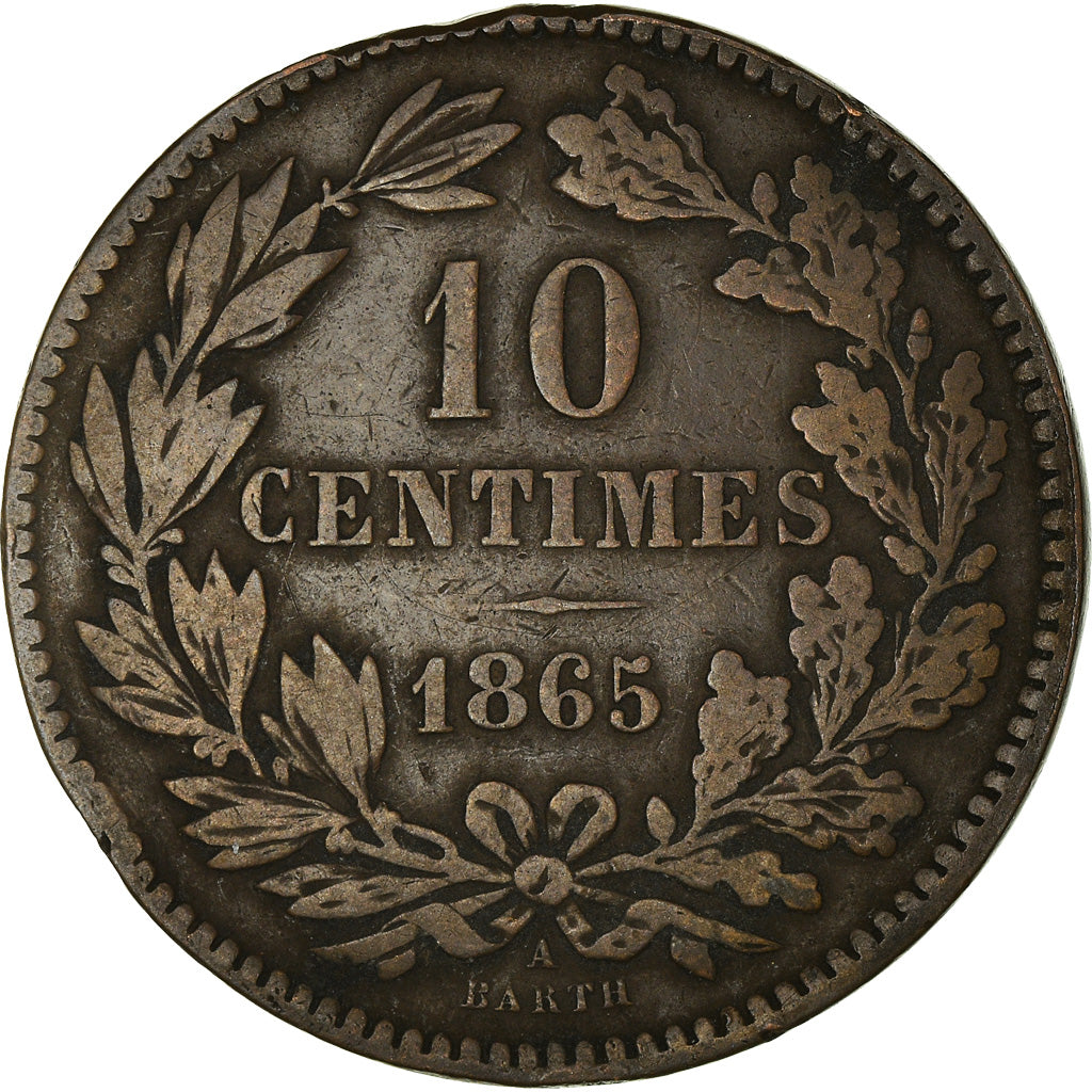 Coin, Luxembourg, William III, 10 Centimes, 1865, Paris, EF(40-45), Bronze