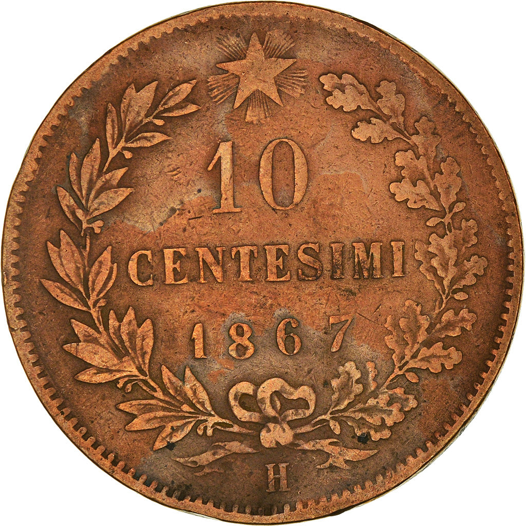 Moneda, Italia, Vittorio Emanuele II, 10 Centesimi, 1867, Birmingham, BC+