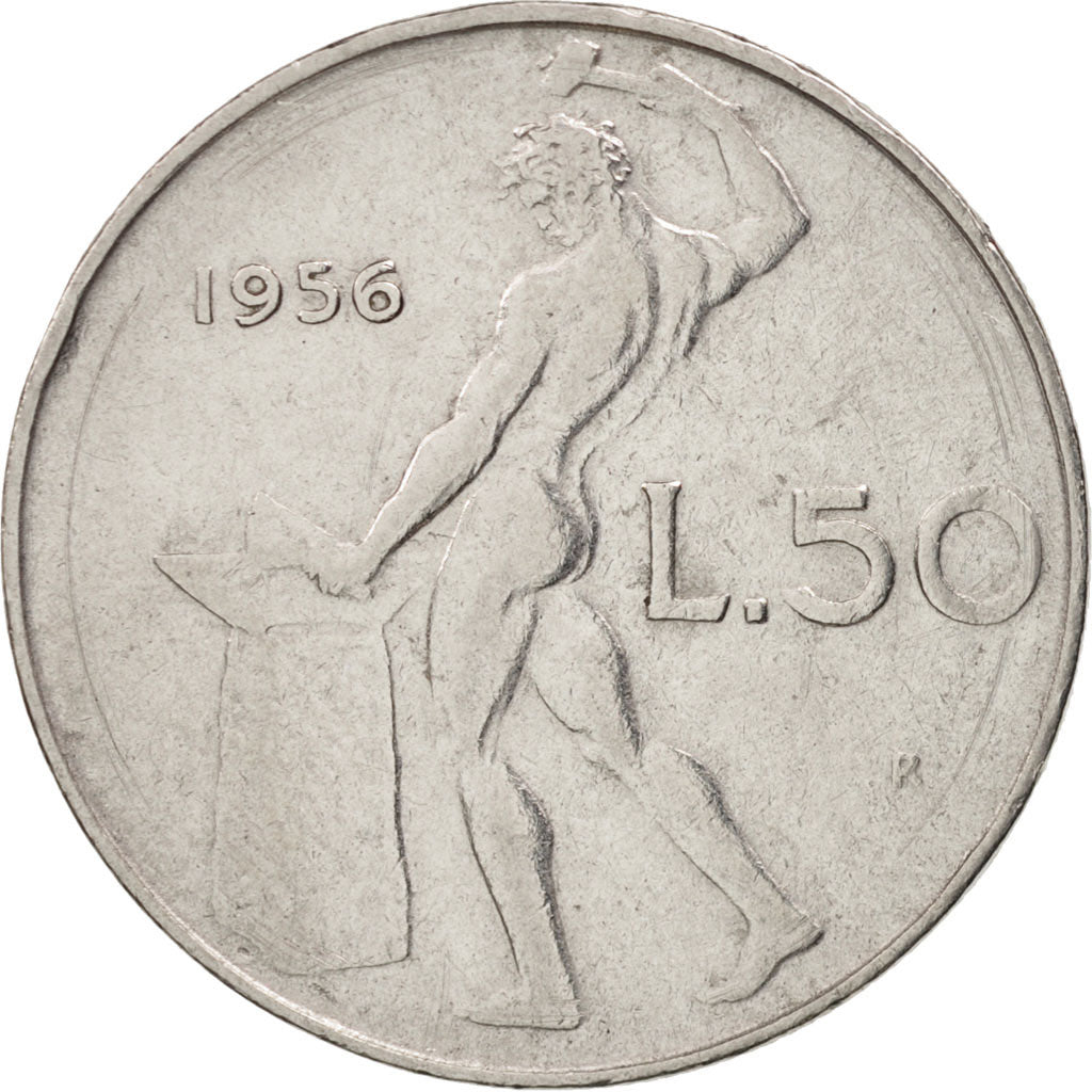 Coin, Italy, 50 Lire, 1956, Rome, EF(40-45), Stainless Steel, KM:95.1