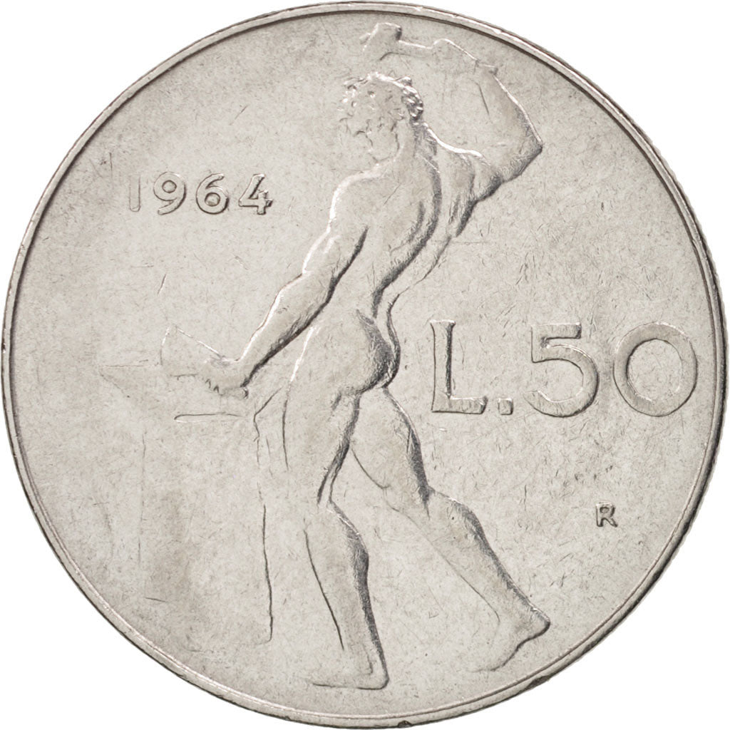 Moneta, Włochy, 50 Lire, 1964, Rome, EF(40-45), Stal nierdzewna, KM:95.1