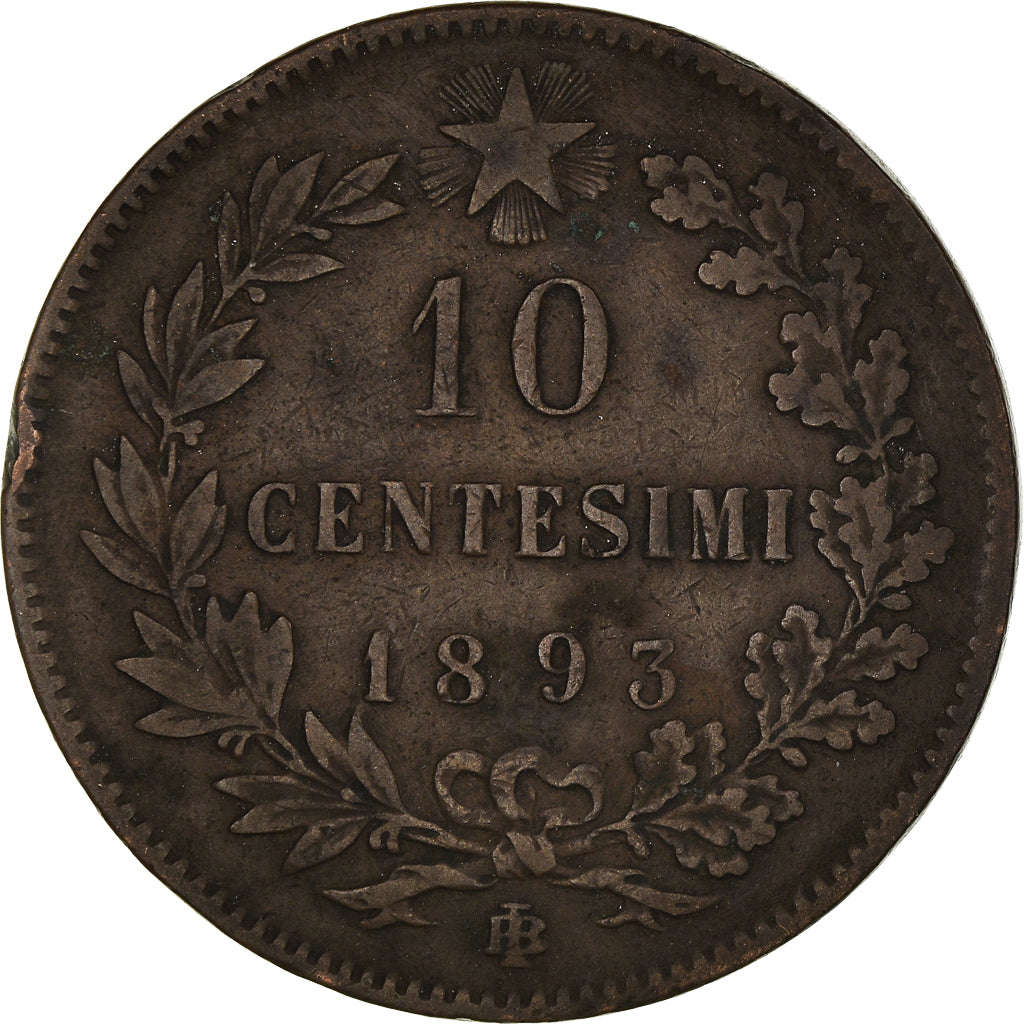 Moneta, Włochy, Umberto I, 10 Centesimi, 1893, Birmingham, VF(30-35), Miedź