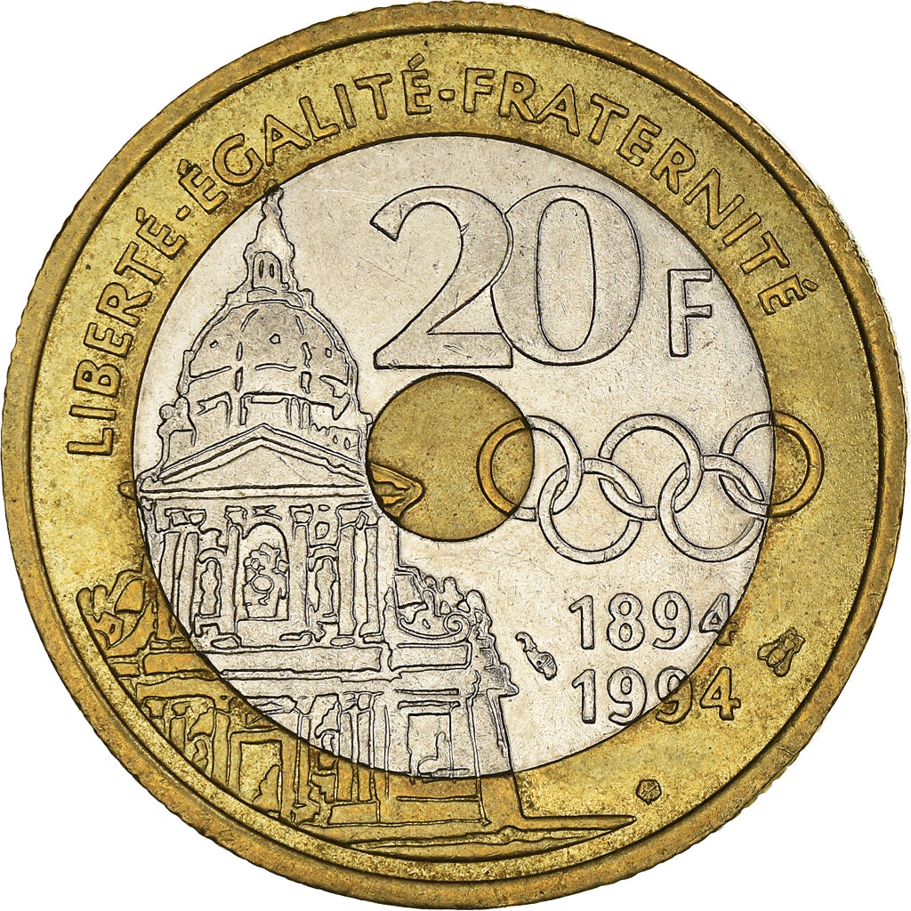 Moeda, França, Pierre de Coubertin, 20 Francs, 1994, EF(40-45), Trimetálico