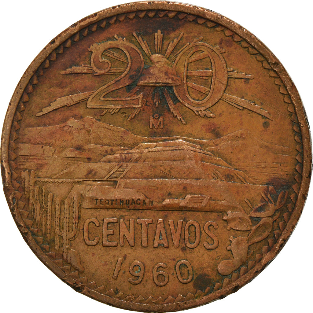Moeda, México, 20 Centavos, 1960, Mexico City, VF(30-35), Bronze, KM:440