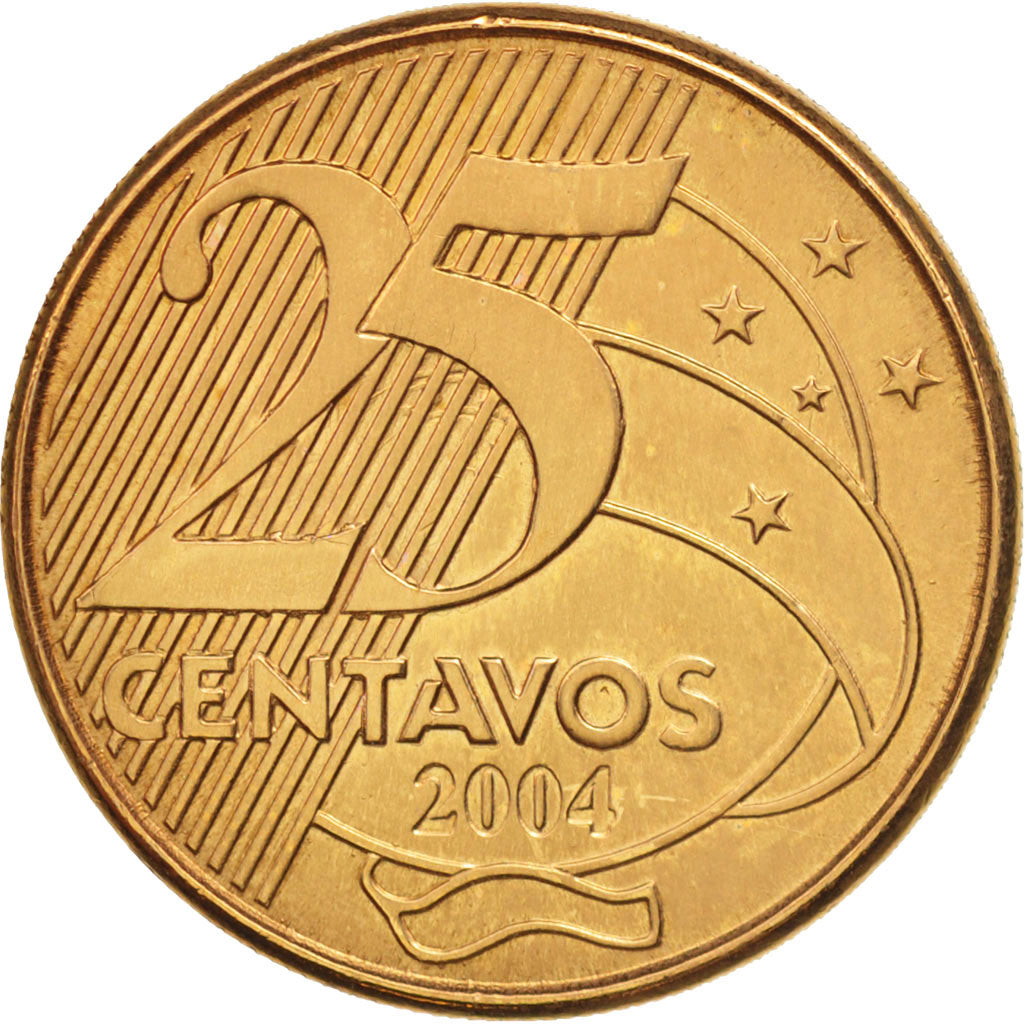 Coin, Brazil, 25 Centavos, 2004, AU(50-53), Bronze Plated Steel, KM:650