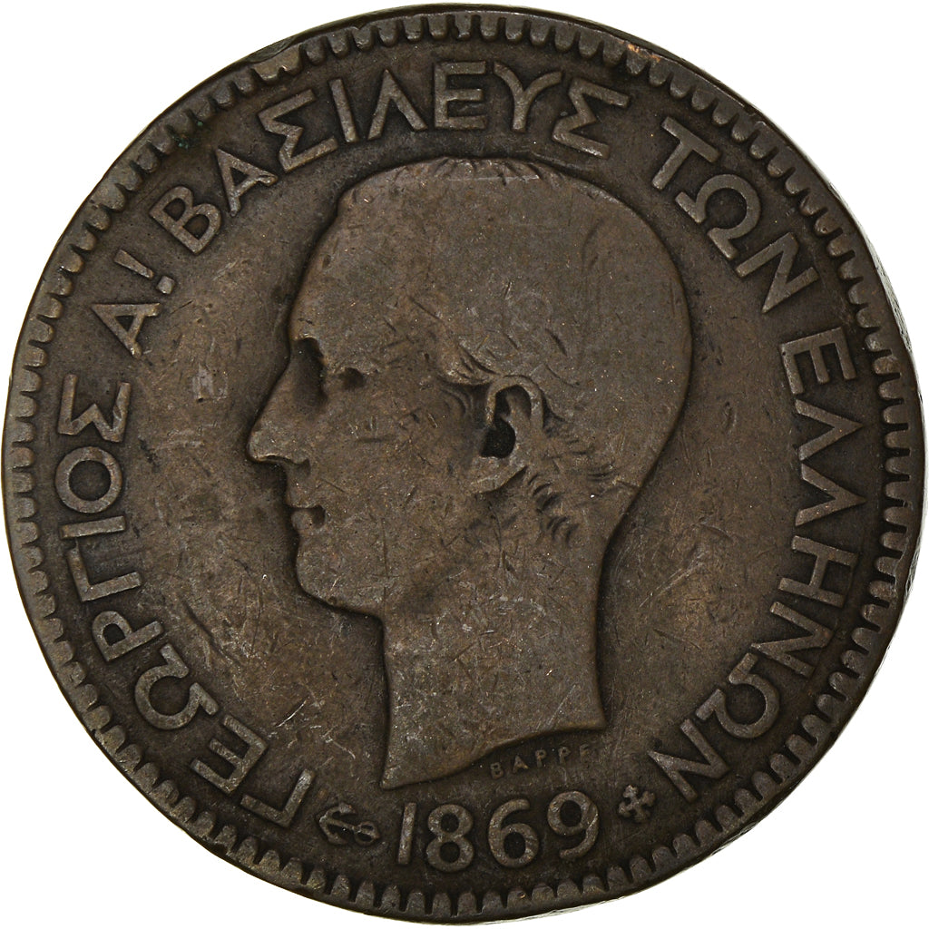 Munten, Griekenland, George I, 10 Lepta, 1869, Strassburg, FR+, Koper, KM:43