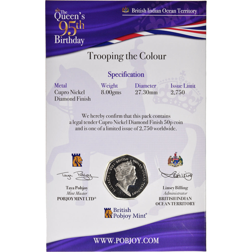 Moeda, British Indian Ocean, 95 TH Ann. the Elisabeth II à cheval, 50 Pence