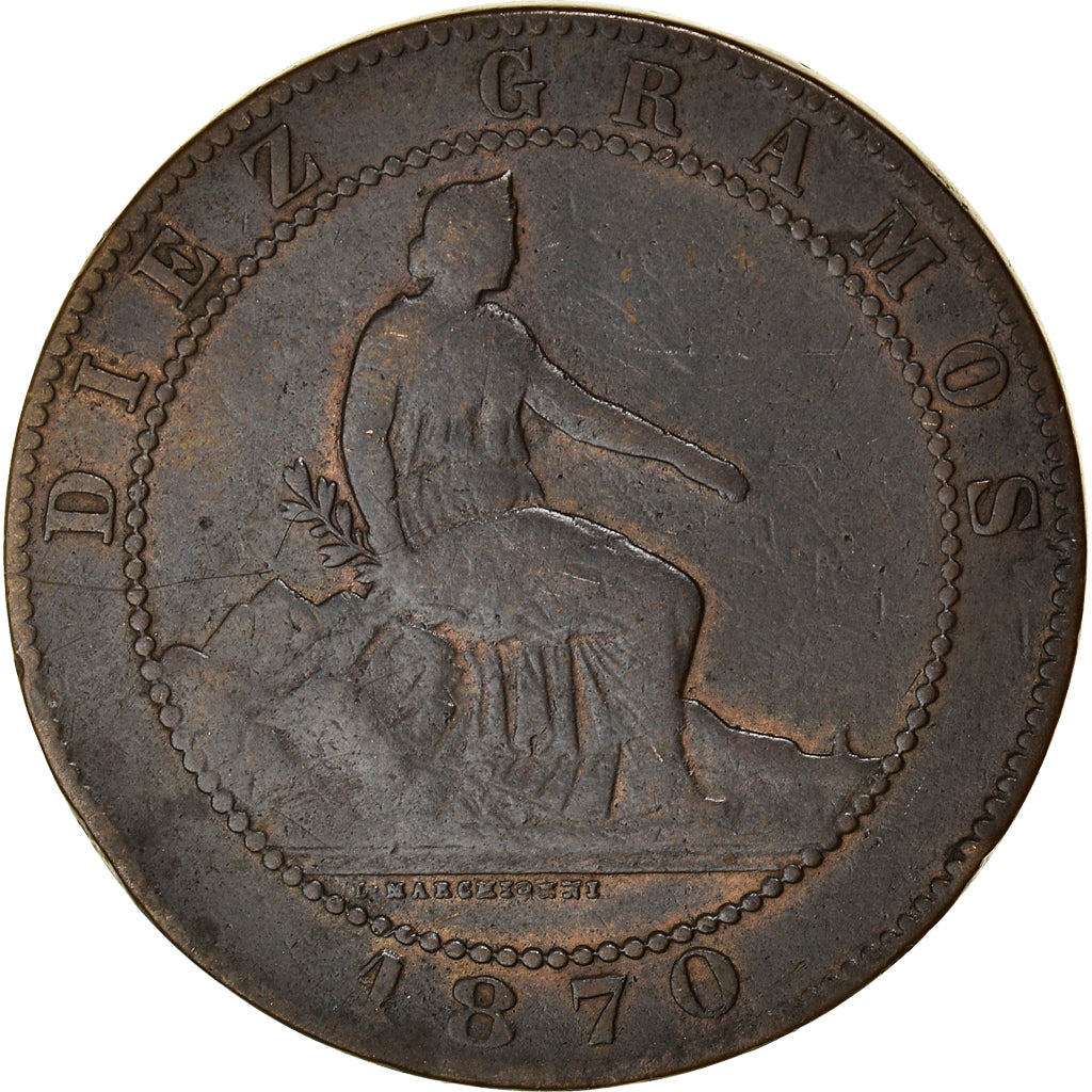 Moneda, España, Provisional Government, 10 Centimos, 1870, Madrid, BC+, Cobre