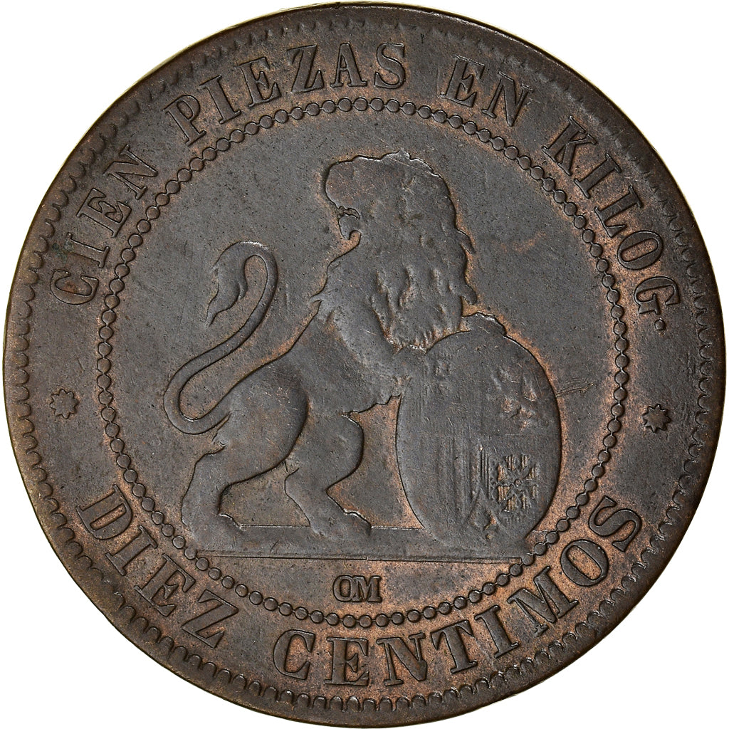 Moneda, España, Provisional Government, 10 Centimos, 1870, Madrid, BC+, Cobre