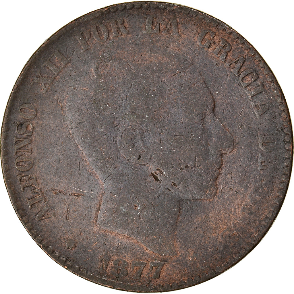 Moneda, España, Alfonso XII, 10 Centimos, 1877, Madrid, BC, Bronce, KM:675