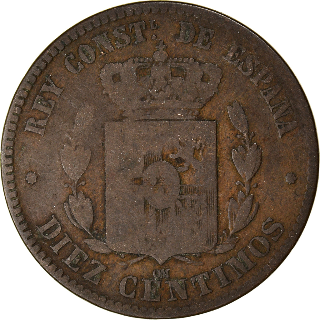 Moneda, España, Alfonso XII, 10 Centimos, 1877, Barcelona, BC+, Bronce, KM:675