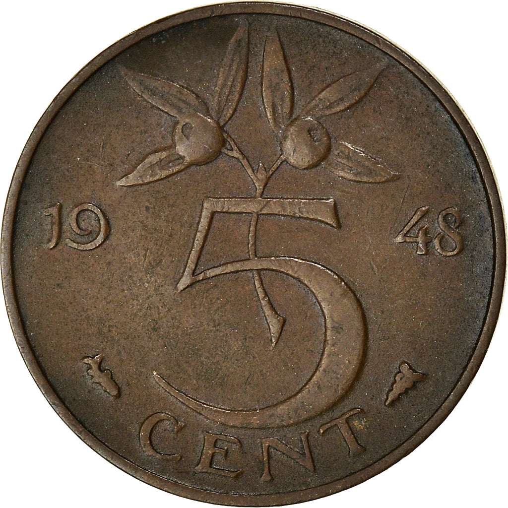 Moeda, Países Baixos, Beatrix, 5 Cents, 1948, VF(30-35), Cobre-Níquel-Zinco