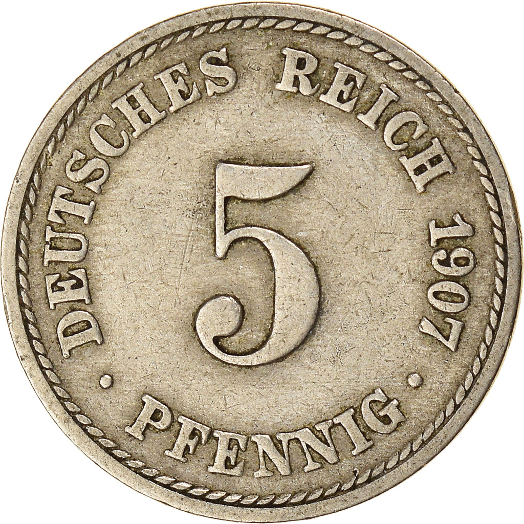 Coin, GERMANY - EMPIRE, Wilhelm II, 5 Pfennig, 1907, Berlin, VF(30-35)