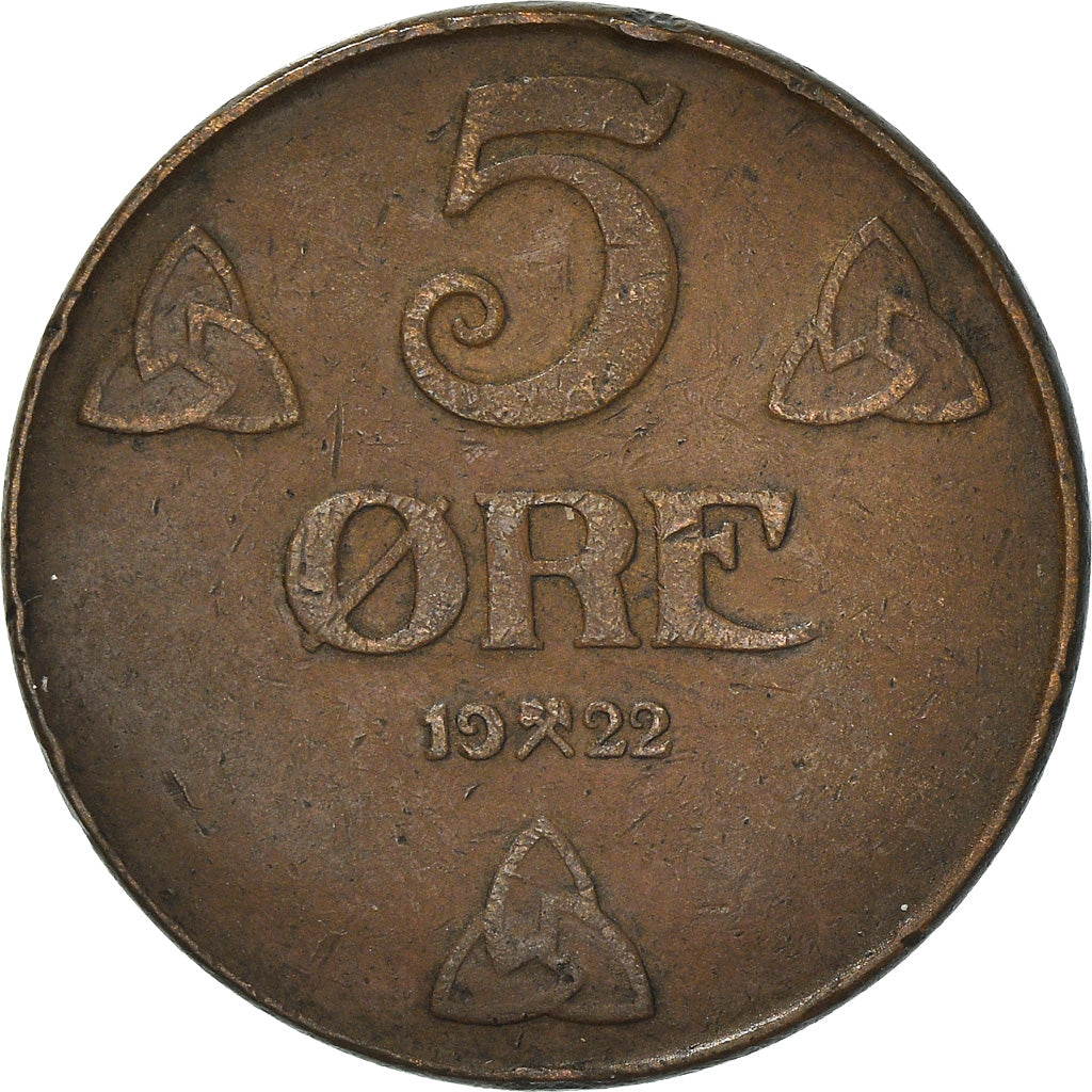 Moneda, Noruega, Haakon VII, 5 Öre, 1922, Kongsberg, BC+, Bronce, KM:368