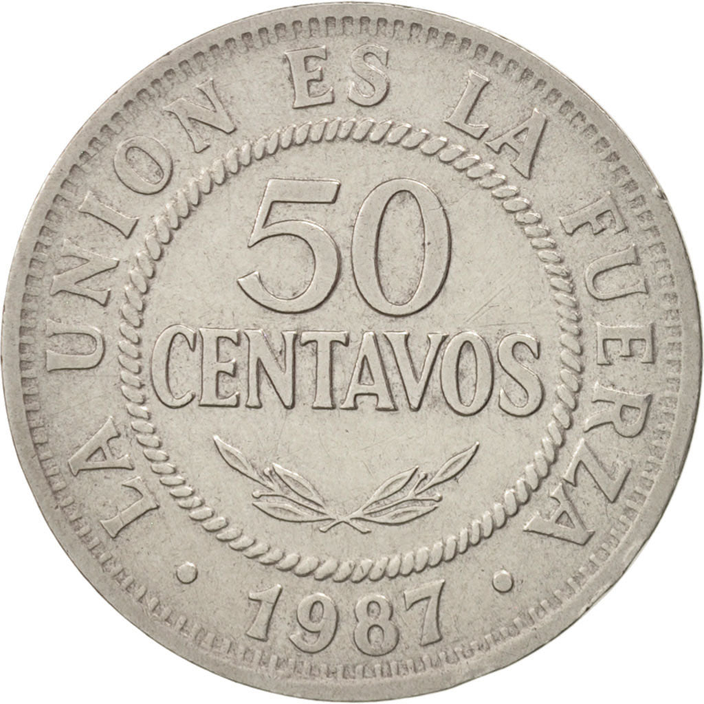 Coin, Bolivia, 50 Centavos, 1987, EF(40-45), Stainless Steel, KM:204