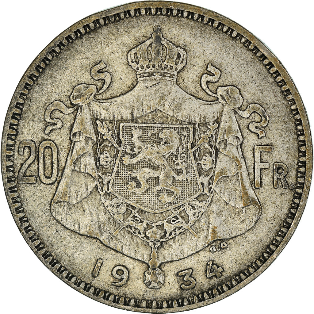 Coin, Belgium, 20 Francs, 20 Frank, 1934, VF(30-35), Silver, KM:104.1