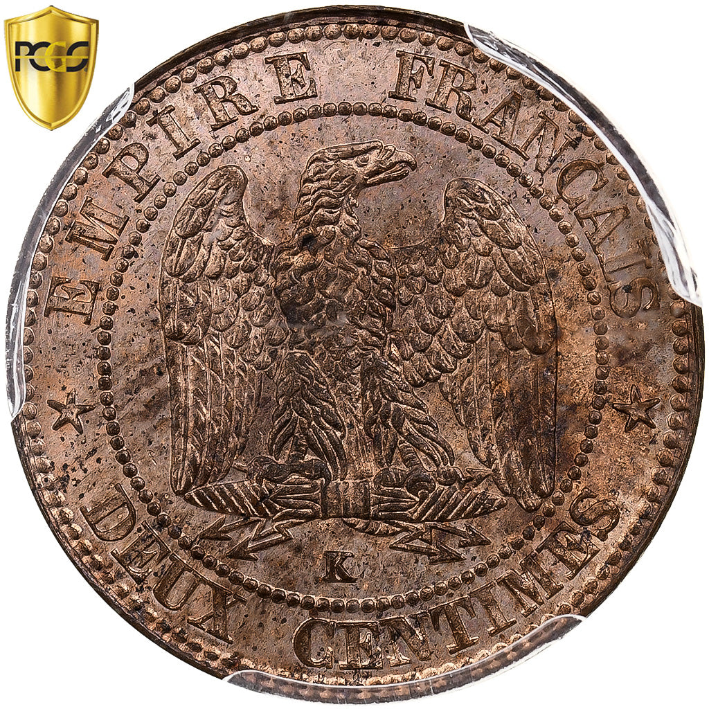 France, Napoleon III, 2 Centimes, 1856, Bordeaux, Bronze, PCGS, MS64RB