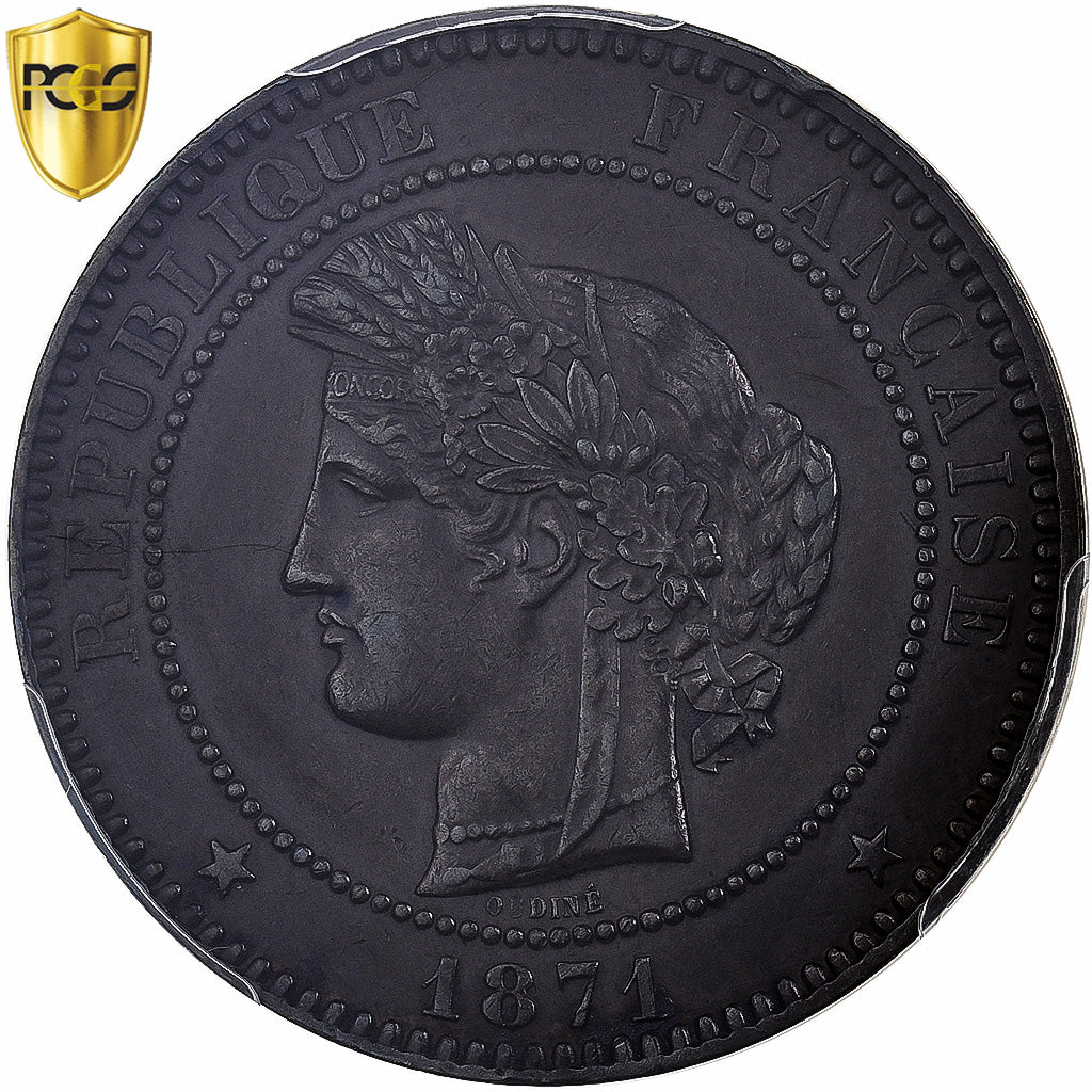 France, 10 Centimes, Cérès, 1871, Paris, Small A, Bronze, PCGS, AU58
