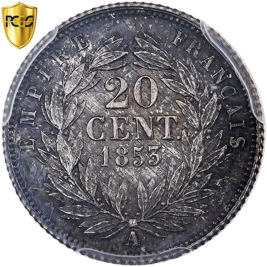 France, Napoleon III, 20 Centimes, 1853, Paris, Silver, PCGS, MS64, Gadoury:305