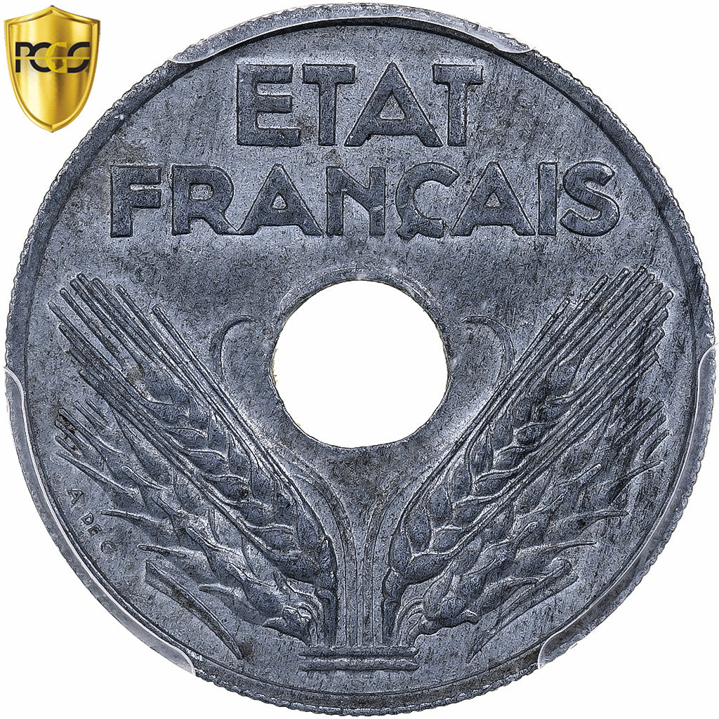 French State, 20 Centimes, 1944, Paris, Zinc, PCGS, MS62, Gadoury:321