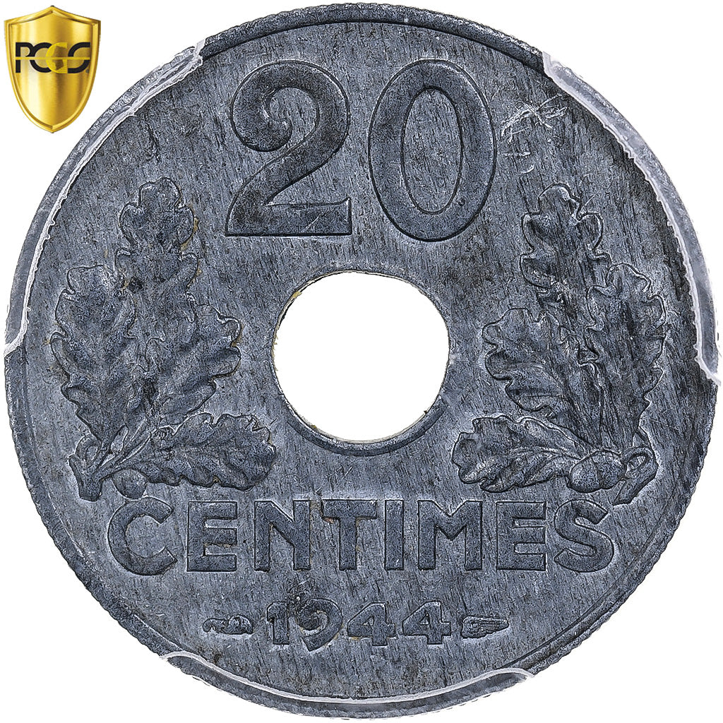 French State, 20 Centimes, 1944, Paris, Zinc, PCGS, MS62, Gadoury:321