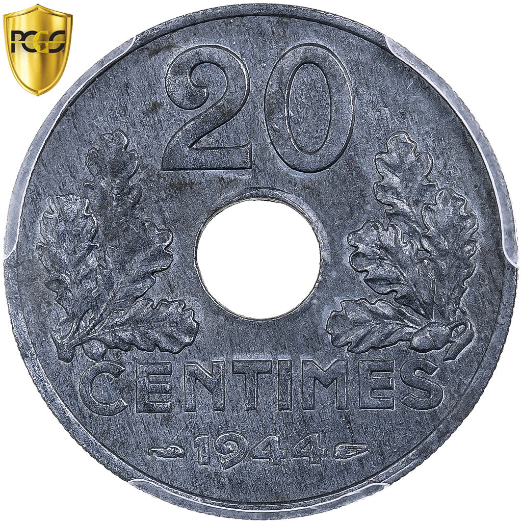 French State, 20 Centimes, 1944, Paris, Zinc, PCGS, MS62, Gadoury:321