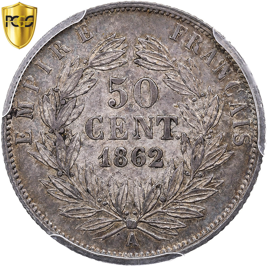 França, Napoleon III, 50 Centimes, 1862, Paris, Prata, PCGS, AU58, Gadoury:414