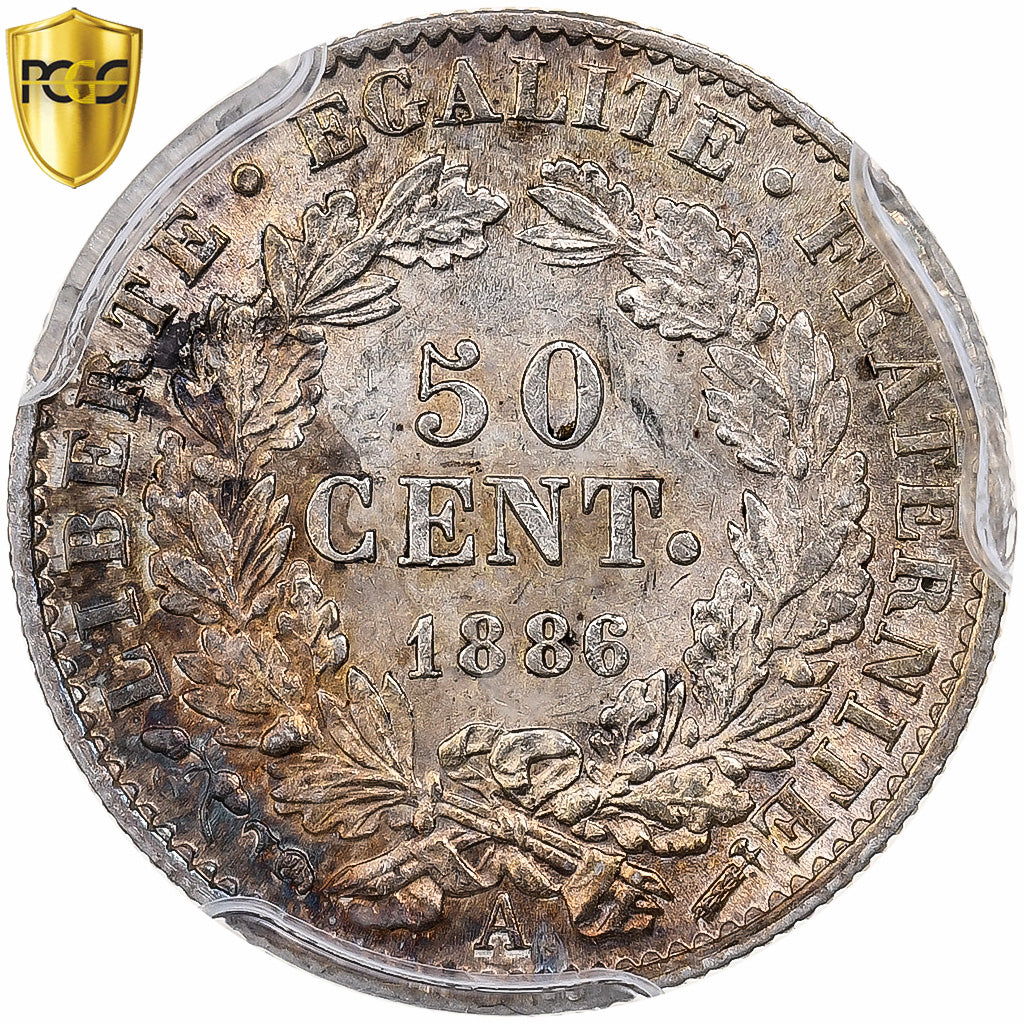 France, 50 Centimes, Cérès, 1886, Paris, Silver, PCGS, AU58, Gadoury:419a