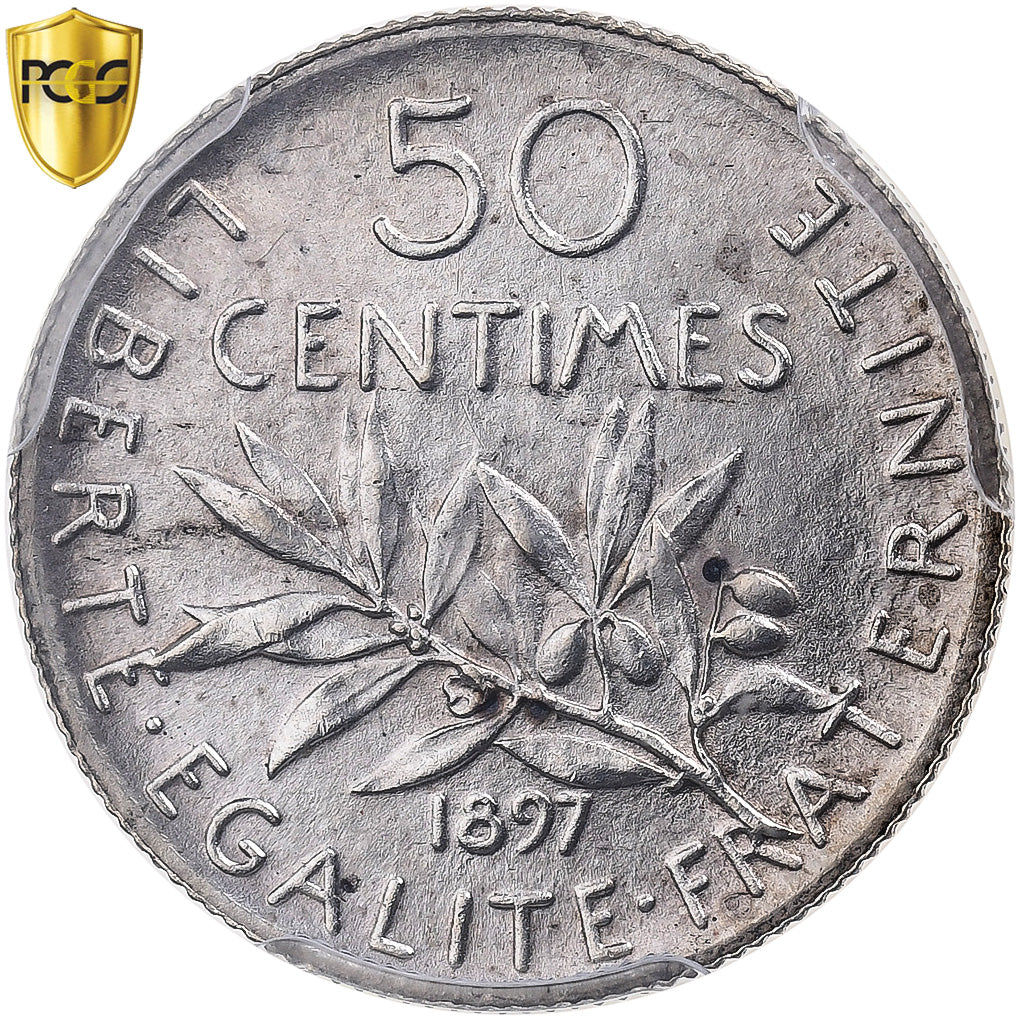 France, 50 Centimes, Semeuse, 1897, Paris, Argent, PCGS, AU Details
