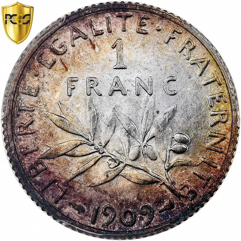 France, 1 Franc, Semeuse, 1909, Paris, Silver, PCGS, MS62, Gadoury:467, KM:844.1