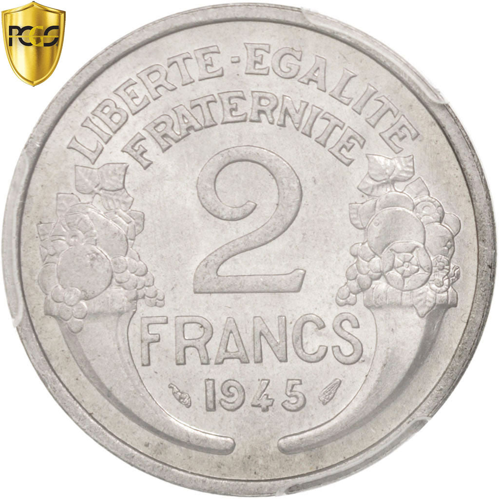 Coin, France, Morlon, 2 Francs, 1945, Paris, PCGS, MS63, MS(63), Aluminum