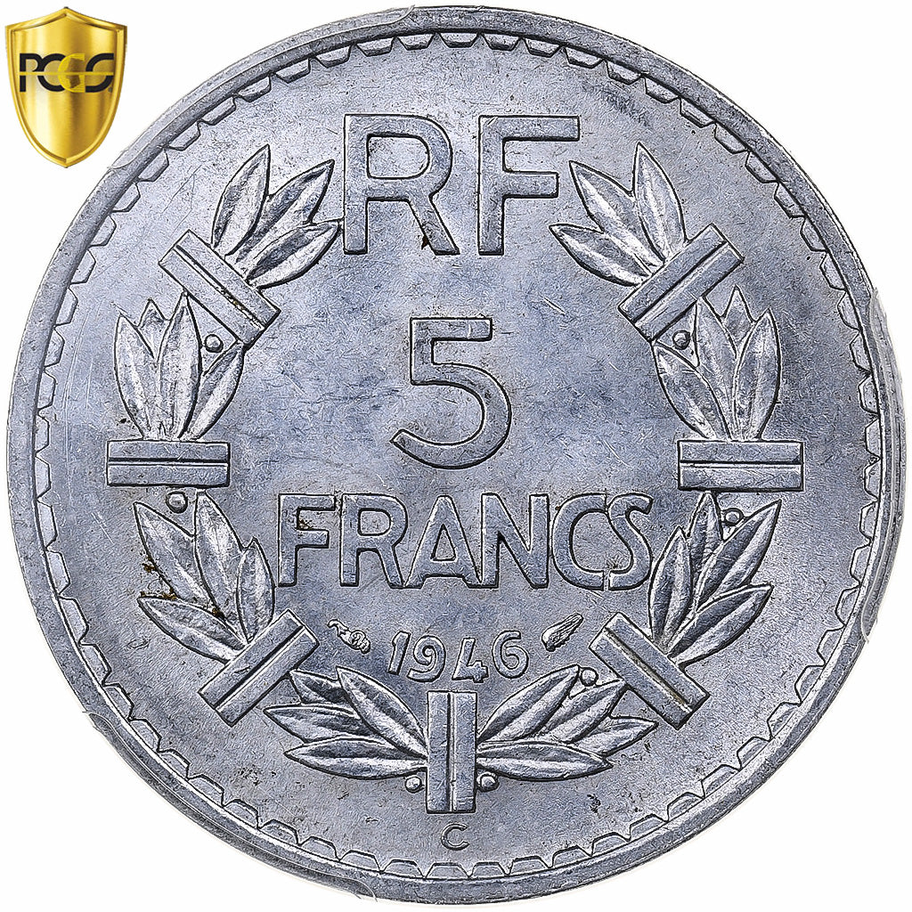 France, 5 Francs, Lavrillier, 1946, Castelsarrasin, Aluminium, PCGS, MS62