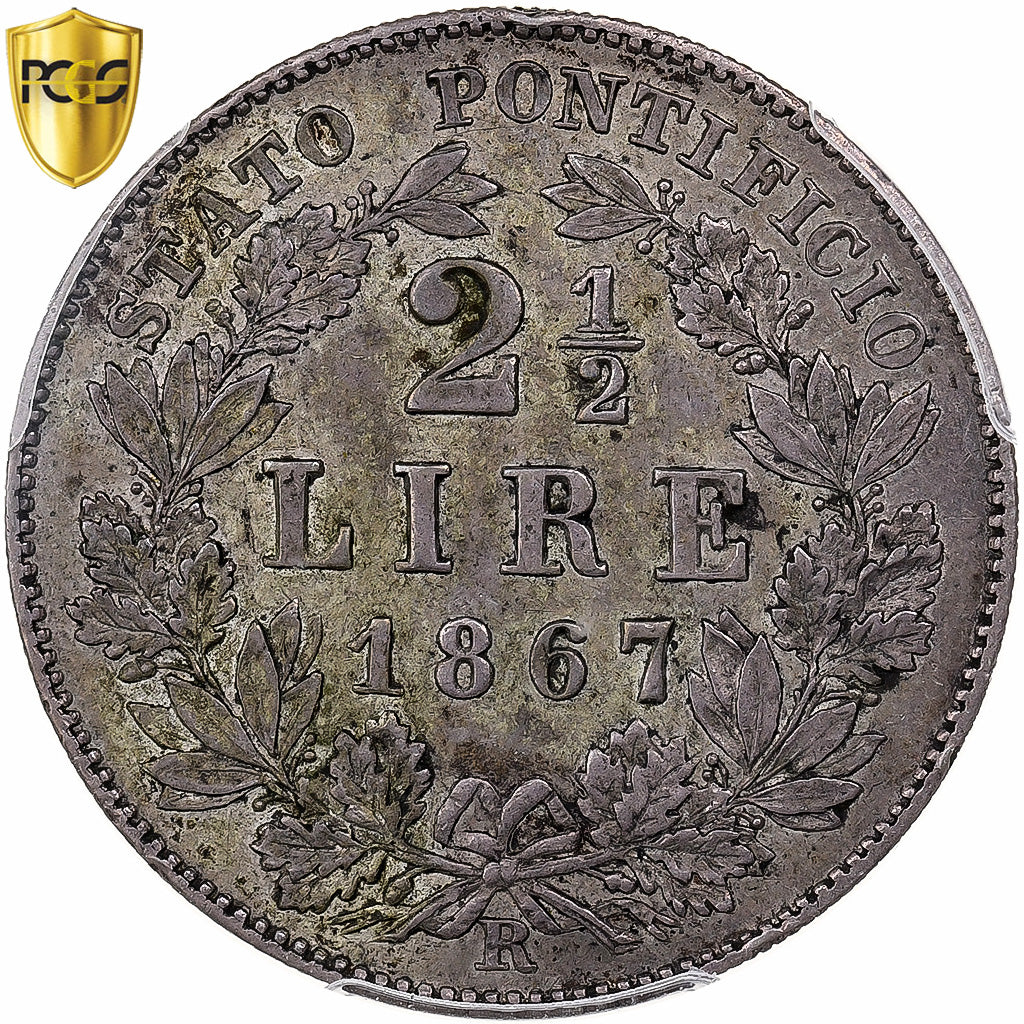 Papal States, Pius IX, 2-1/2 Lire, 1867, Rome, Argento, PCGS, AU50, KM:1384