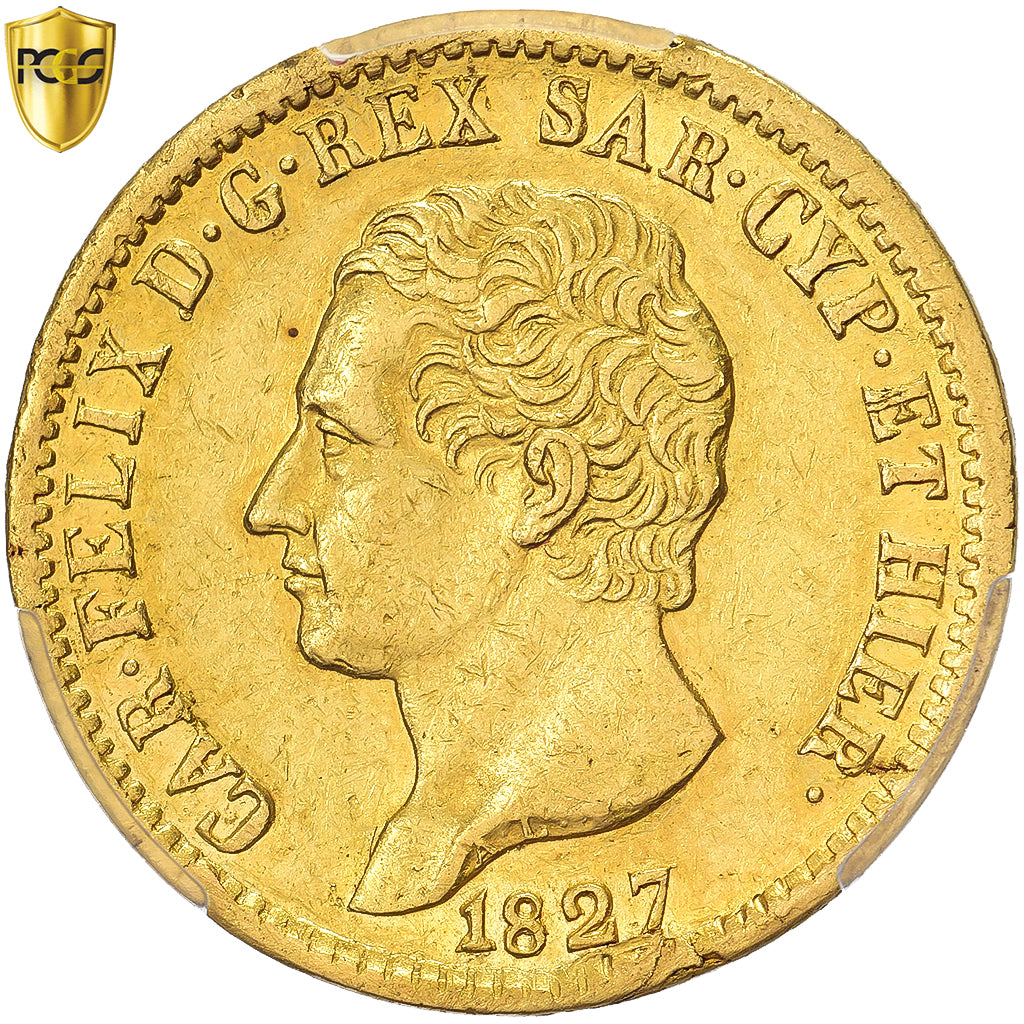 Kingdom of Sardinia, Carlo Felice, 20 Lire, 1827, Genoa, Oro, PCGS, AU53