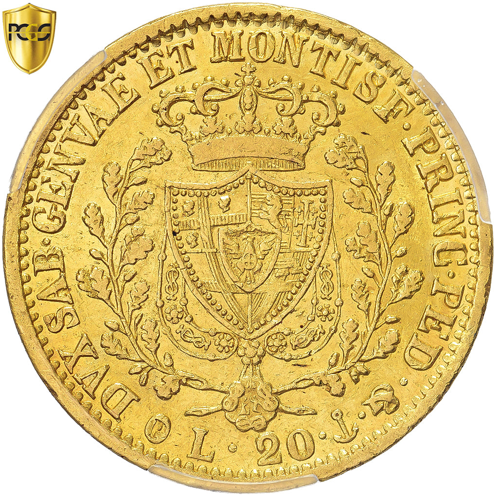 Kingdom of Sardinia, Carlo Felice, 20 Lire, 1827, Genoa, Oro, PCGS, AU53