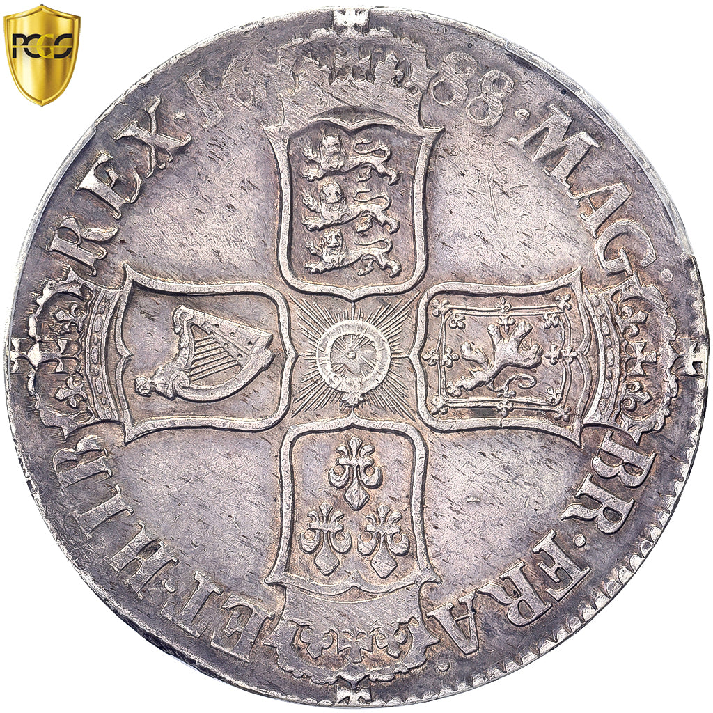 Großbritannien, James II, Crown, 1688, London, Silber, PCGS, Cleaned-AU Detail