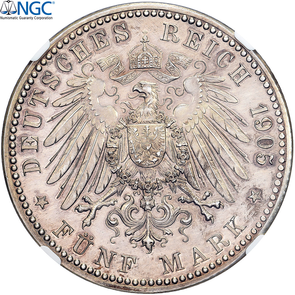 Coin, German States, WURTTEMBERG, Wilhelm II, 5 Mark, 1905, Freudenstadt, Proof