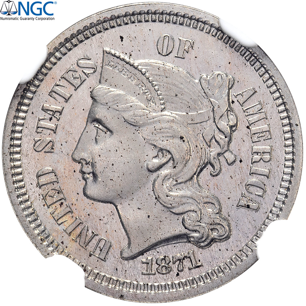 United States, 3 Cents, 1871, Philadelphia, Proof, Copper-nickel, NGC, PF64