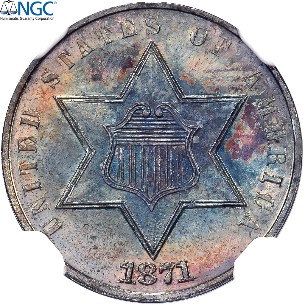 Stati Uniti, 3 Cents, 1871, Philadelphia, Cameo, Argento, NGC, PF65 CAMEO, KM:88