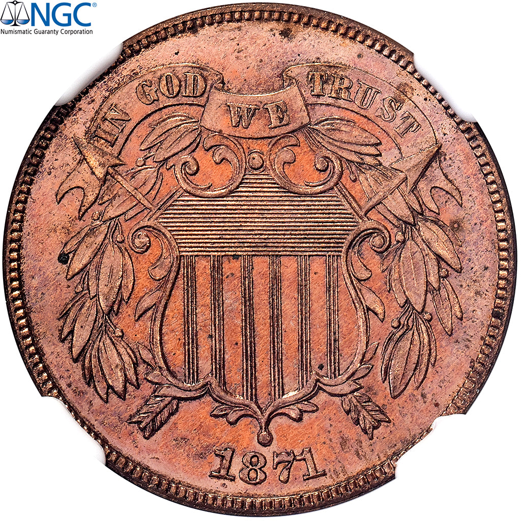 USA, 2 Cents, Union Shield, 1871, Philadelphia, Proof, Brązowy, NGC, PF65 RD