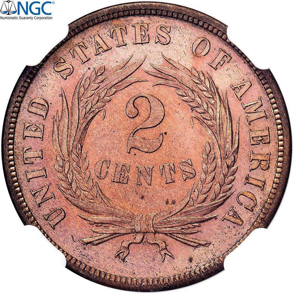 USA, 2 Cents, Union Shield, 1871, Philadelphia, Proof, Brązowy, NGC, PF65 RD
