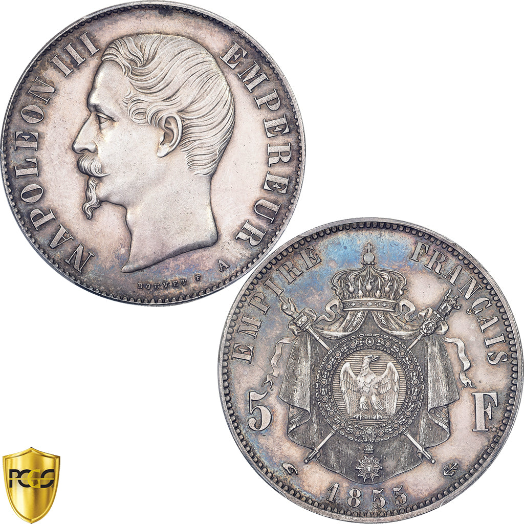 Moeda, França, Napoleon III, 5 Francs, 1855, Paris, Paire essais unifaces