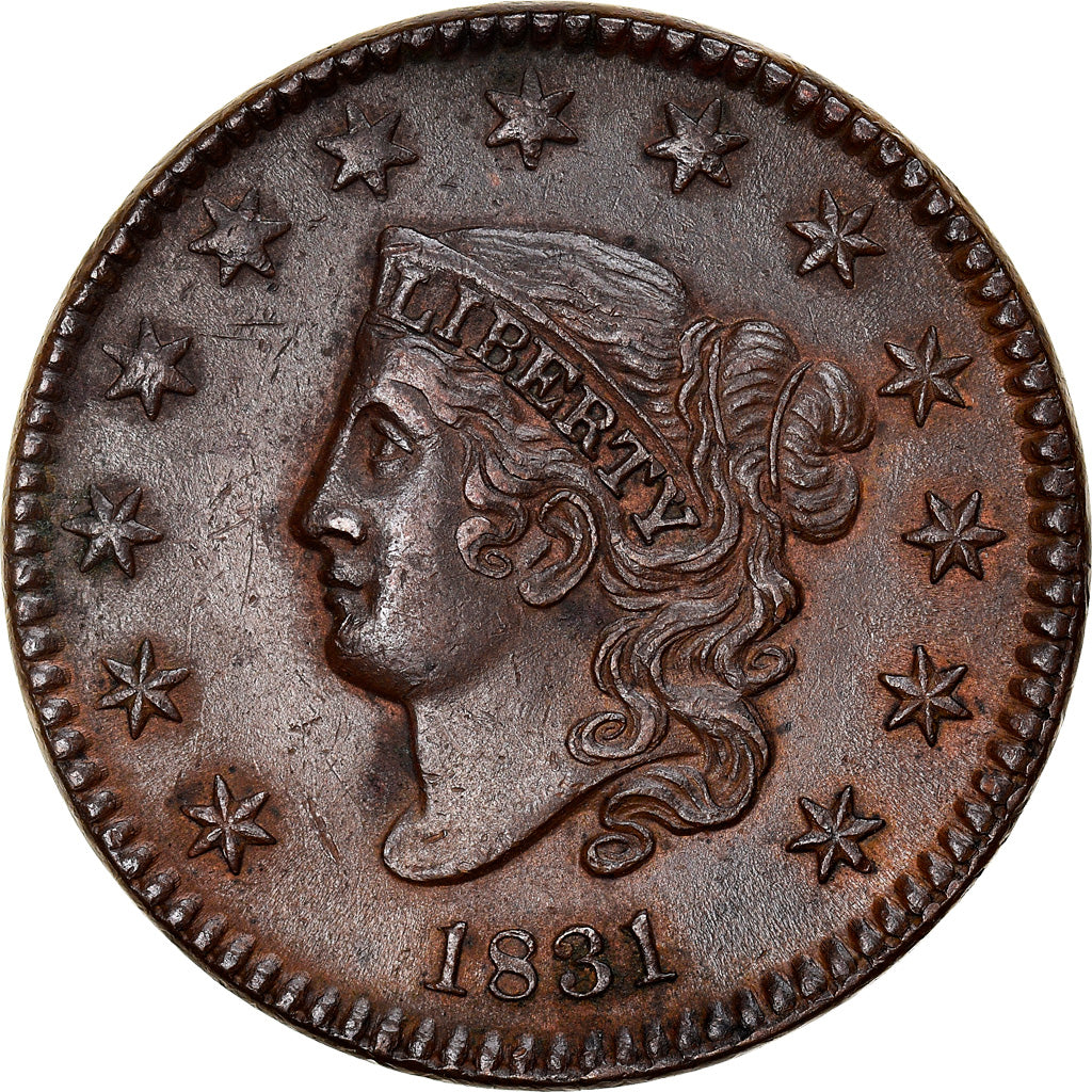 États-Unis, 1 Cent, Coronet Head, 1831, Philadelphie, Large letters, Cuivre