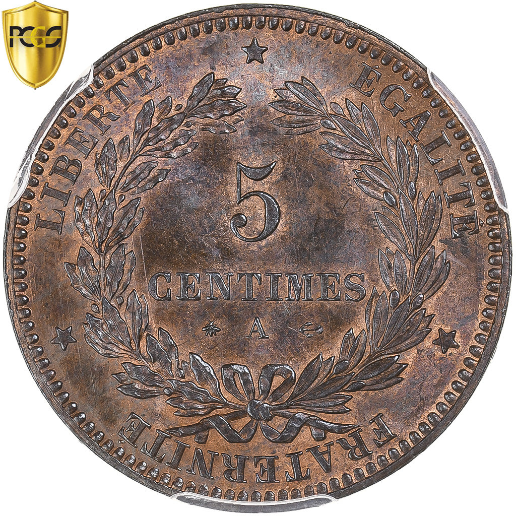 Frankreich, 5 Centimes, Cérès, 1871, Paris, Bronze, PCGS, MS65BN, Gadoury:157