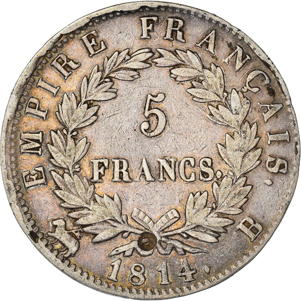 Francia, Napoleon I, 5 Francs, 1814, Rouen, Argento, BB, Gadoury:584, KM:694.2