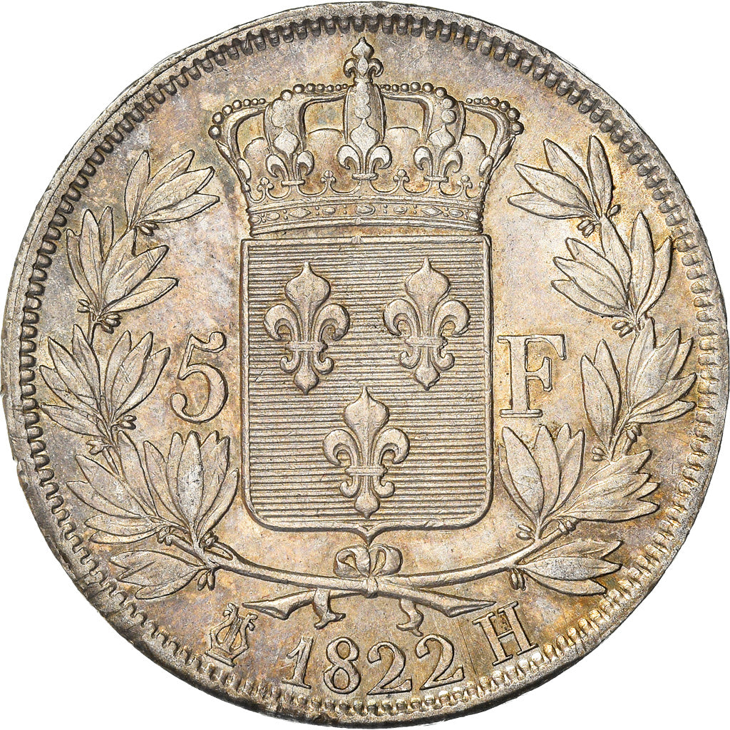 Moneta, Francia, Louis XVIII, 5 Francs, 1822, La Rochelle, BB+, Argento
